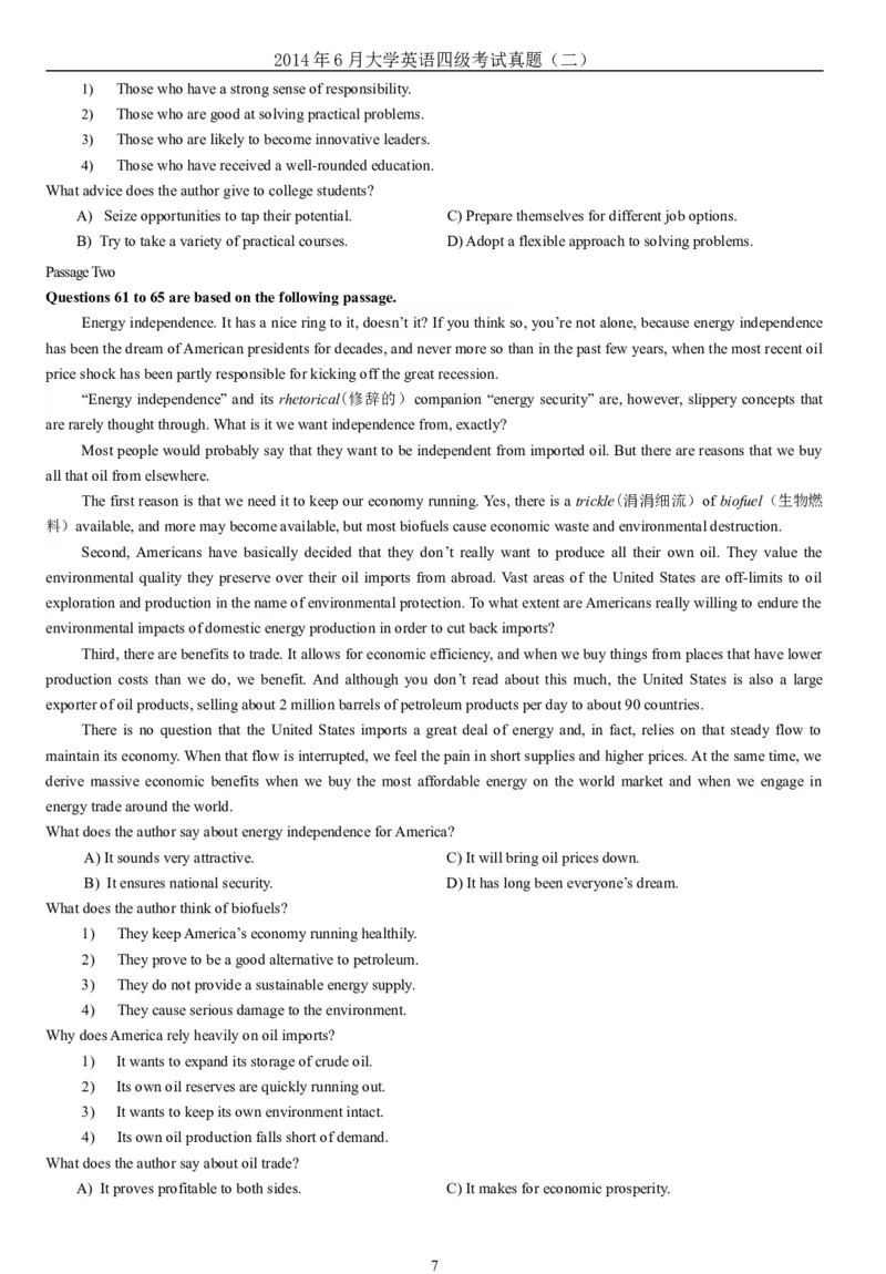 2014年6月年大学英语四级考试真题（二）_英语四六级整合_英语四六级真题版本二此版为主此文件夹会持续更新_四级真题_1.四级真题+答案解析+听力音频(1989-2025)_2014年_2014年06月CET4