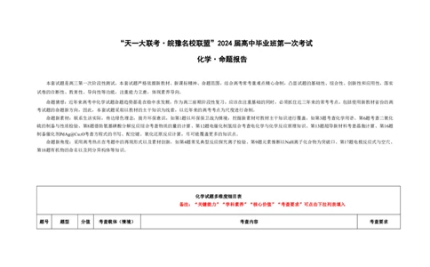 化学皖豫联盟高三一联多维细目表+命题报告(1)_2023年10月_0210月合集_2024届安徽省天一皖豫名校联盟高三上学期第一次大联考_2024届安徽省天一皖豫名校联盟高三上学期第一次大联考化学