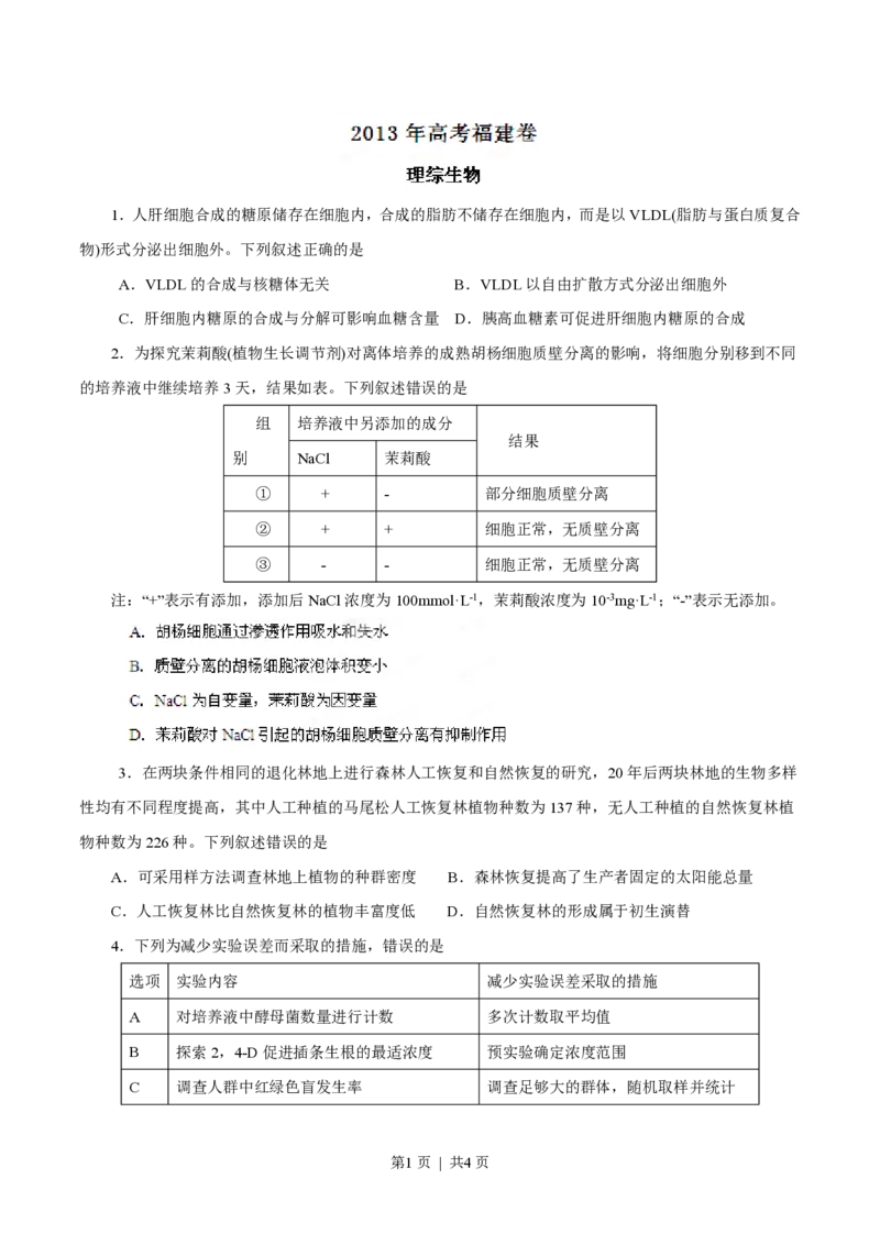 2013年高考生物试卷（福建）（空白卷）_生物历年高考真题_新&middot;PDF版2008-2025&middot;高考生物真题_生物（按年份分类）2008-2025_2013&middot;高考生物真题