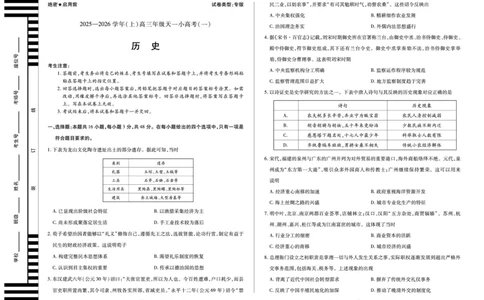 陕西、山西省（专版）2025-2026学年（上）高三年级天一小高考（一）历史试卷_2025年10月_12026年试卷教辅资源等多个文件