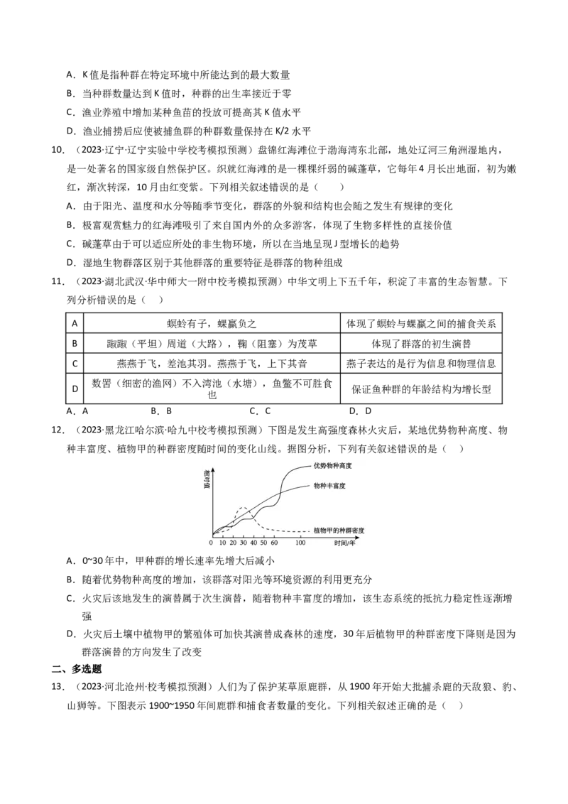 专题15种群、群落（学生卷）_近10年高考真题汇编（必刷）_十年（2014-2024）高考生物真题分项汇编（全国通用）_2023年高考真题和模拟题生物分项汇编（全国通用）