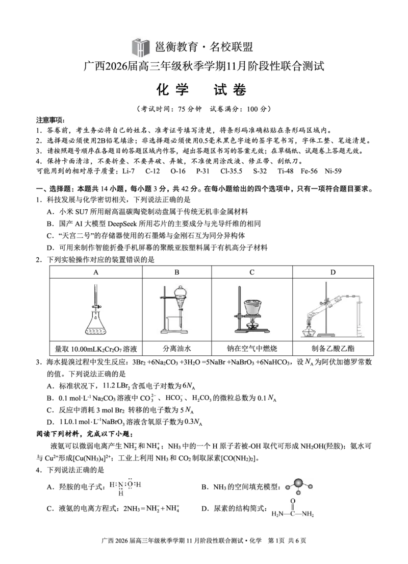 邕衡2025年11月高三联考化学试卷_2025年11月_251126广西邕衡教育&middot;名校联盟广西2026届高三年级秋季学期11月份阶段性联合测试（全科）