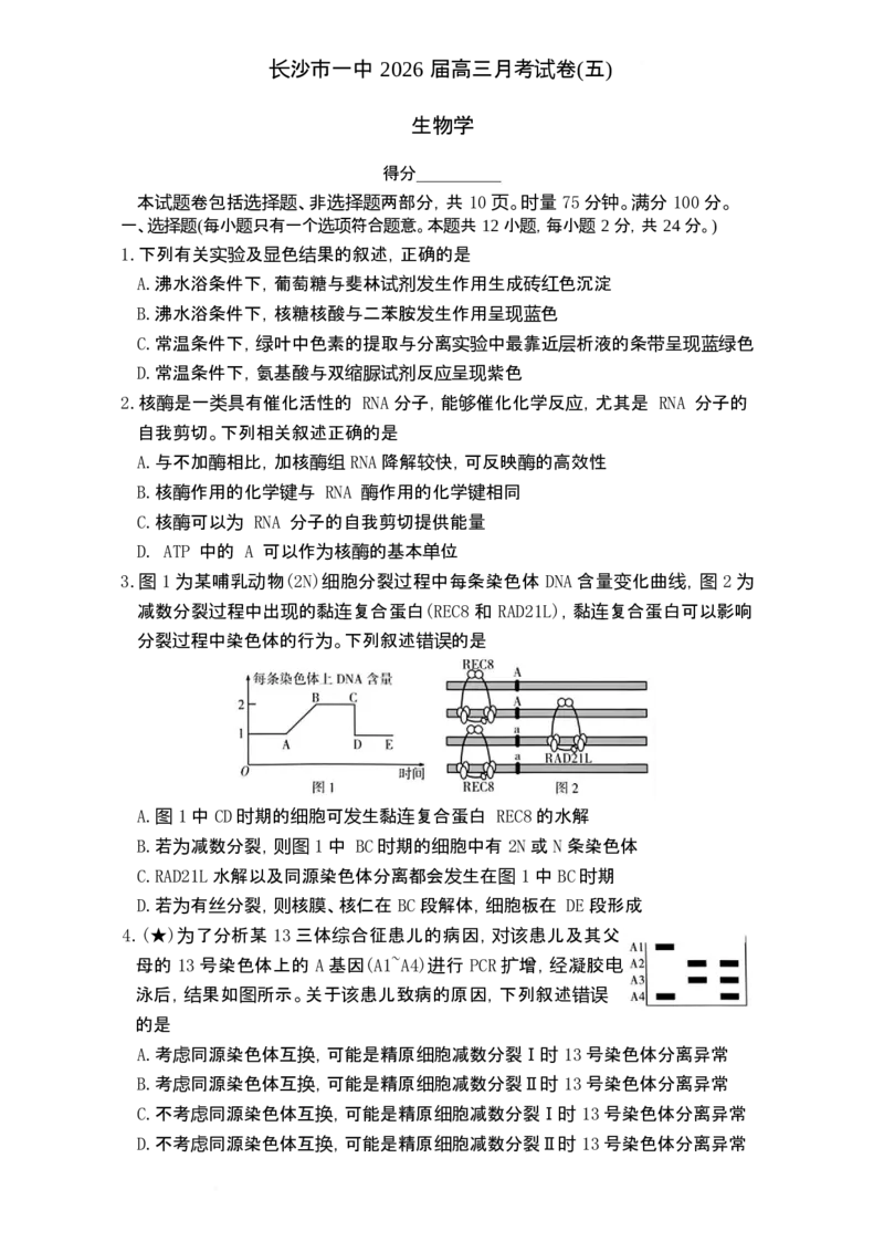 湖南省长沙市第一中学2025-2026学年高三上学期1月月考生物试题(1)_2026年1月_260109湖南省长沙一中2026届高三月考（五）（全科）_生物试卷-湖南长沙一中2026届高三月考试卷(五)