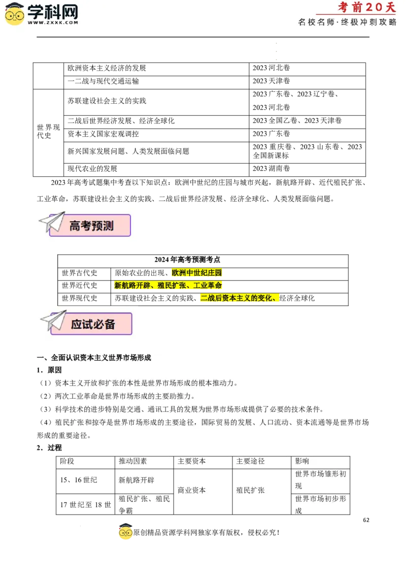历史（二）（原卷版）_2024高考押题卷_62024学科网全系列_21学科网高考考前终极攻略_历史-2024年高考考前20天终极冲刺攻略_历史（二）-2024年高考考前20天终极冲刺攻略