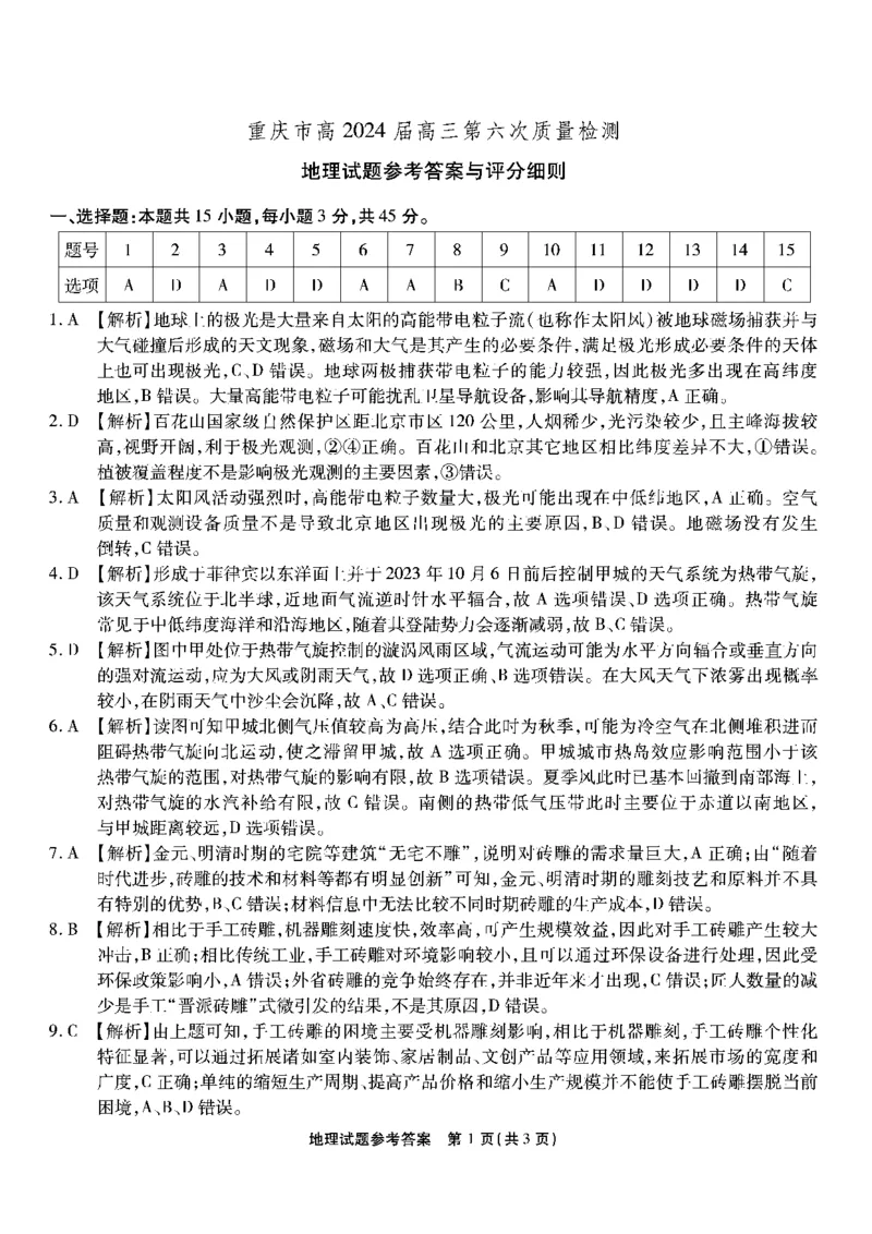 1_南开第六次联考-地理答案_2024年2月_022月合集_2024届重庆市南开中学高三第六次质量检测_重庆市南开中学高2024届高三第六次质量检测地理