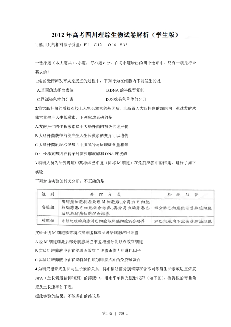 2012年高考生物试卷（四川）（空白卷）_生物历年高考真题_新&middot;PDF版2008-2025&middot;高考生物真题_生物（按年份分类）2008-2025_2012&middot;高考生物真题
