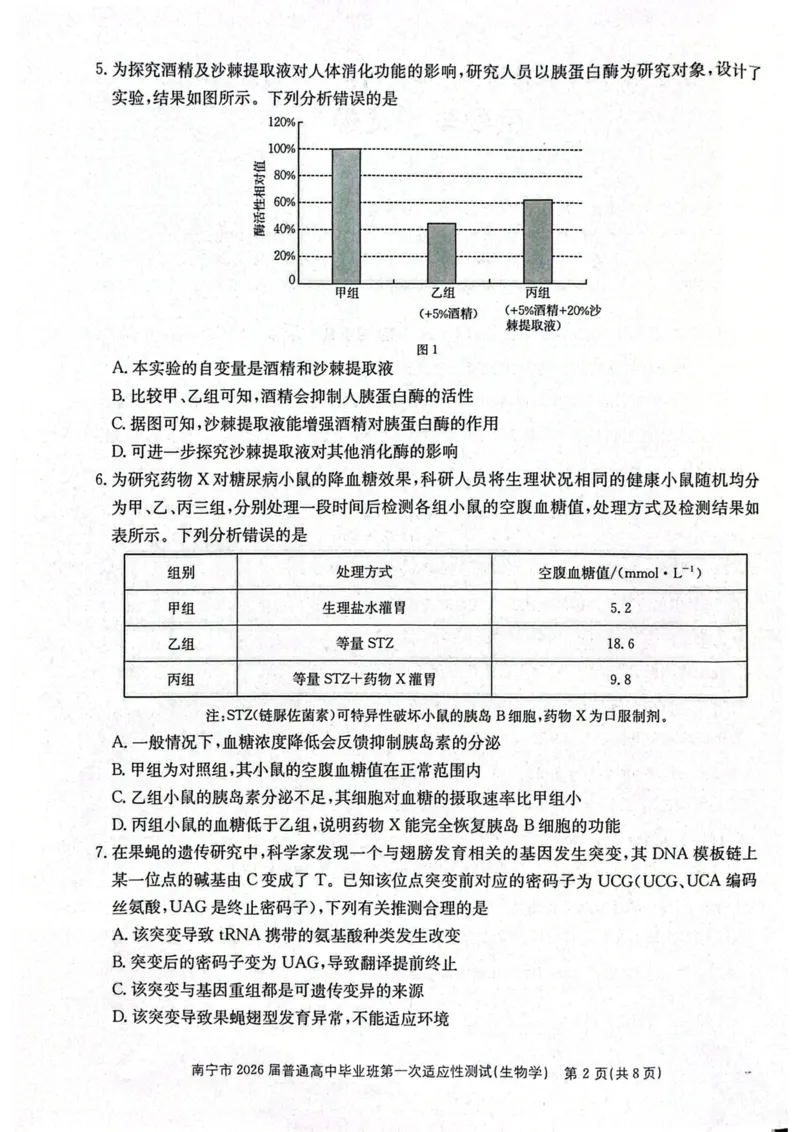 南宁市2026届普通高中毕业班第一次适应性测试生物(1)_2026年1月_260121广西南宁市2026届普通高中毕业班第一次适应性测试（全科）