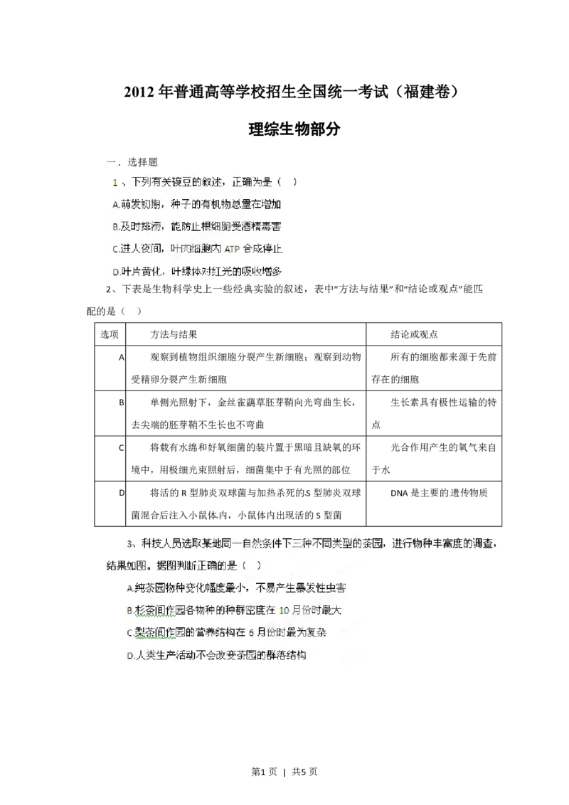 2012年高考生物试卷（福建）（空白卷）_生物历年高考真题_新&middot;PDF版2008-2025&middot;高考生物真题_生物（按试卷类型分类）2008-2025_自主命题卷&middot;生物（2008-2025）