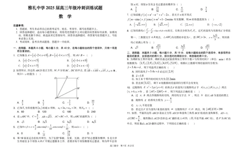 雅礼中学2025届高三冲刺卷数学试题_2025年5月_2505192025届湖南省长沙市雅礼中学高三下学期冲刺模拟训练（全科）_2025届湖南省长沙市雅礼中学高三下学期冲刺模拟训练数学试题