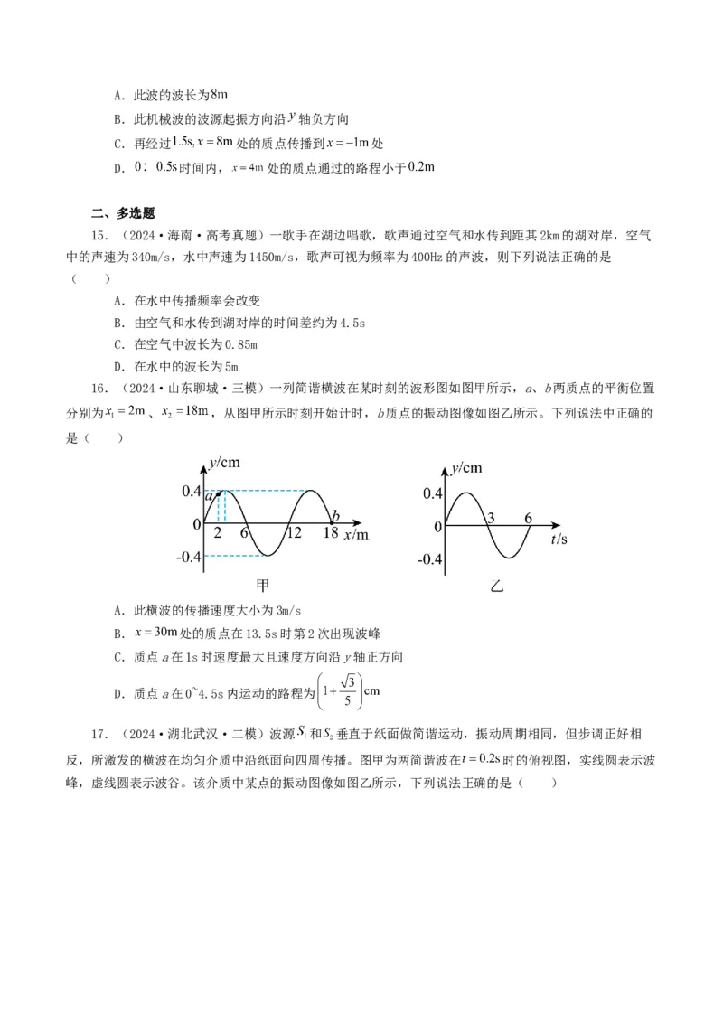 专题15机械波-2024年高考真题和模拟题物理分类汇编（学生卷）_近10年高考真题汇编（必刷）_十年（2014-2024）高考物理真题分项汇编（全国通用）