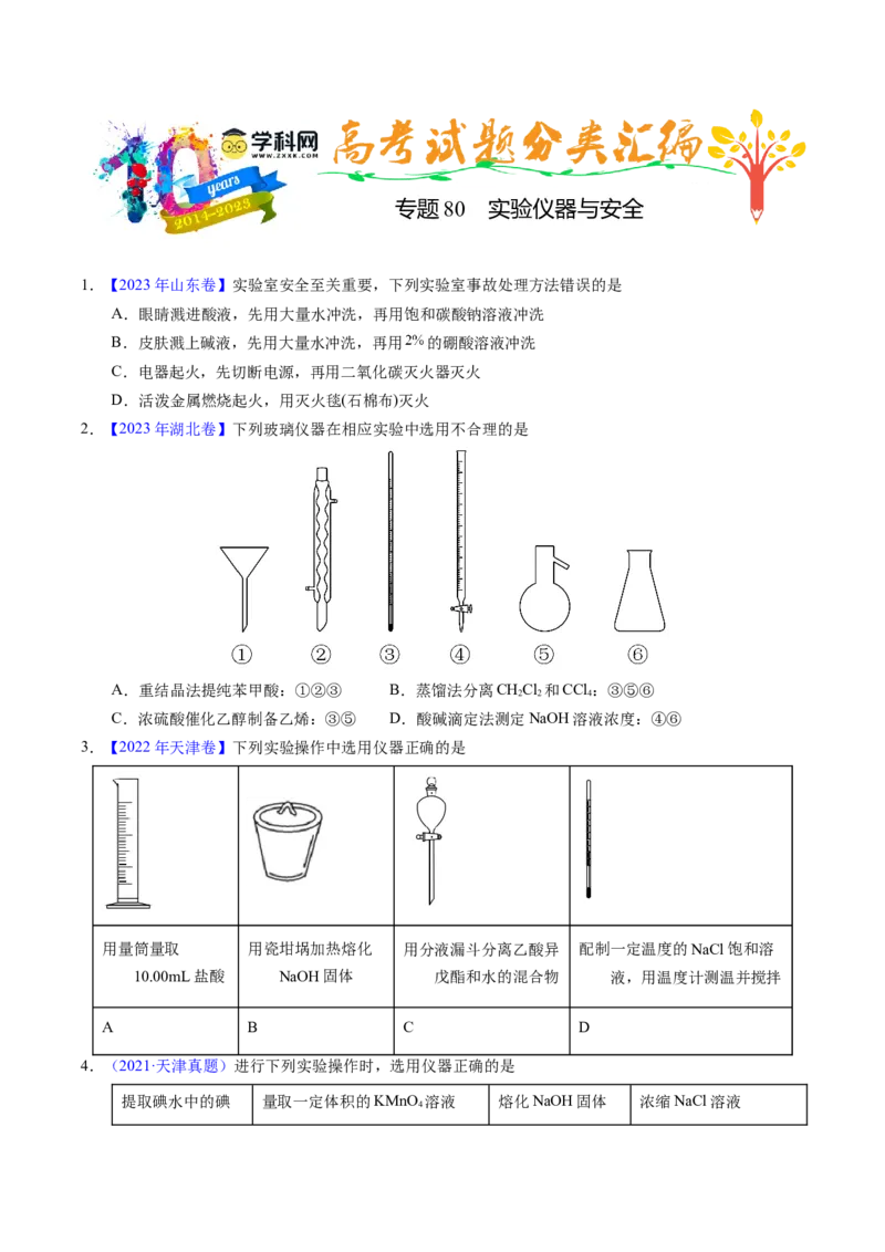 专题80实验仪器与安全（原卷卷）_近10年高考真题汇编（必刷）_十年（2014-2024）高考化学真题分项汇编（全国通用）_十年（2014-2023）高考化学真题分项汇编（全国通用）