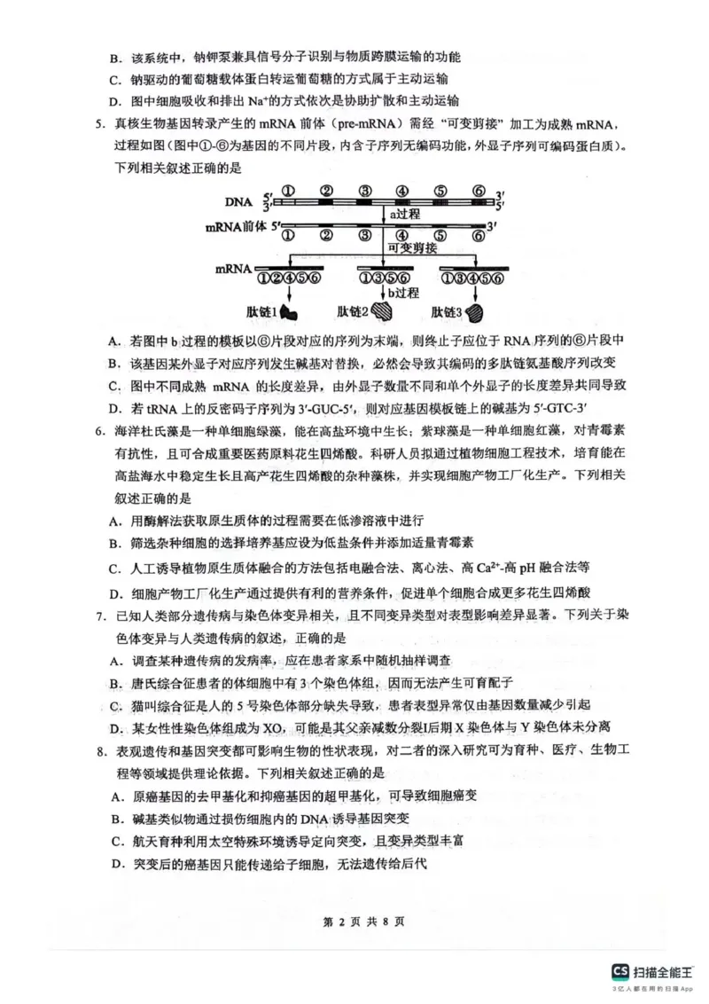 绵阳南山中学高2023级高三第五次教学质量检测生物(1)_2026年1月_260111四川省绵阳南山中学高2023级高三第五次教学质量检测（全科）