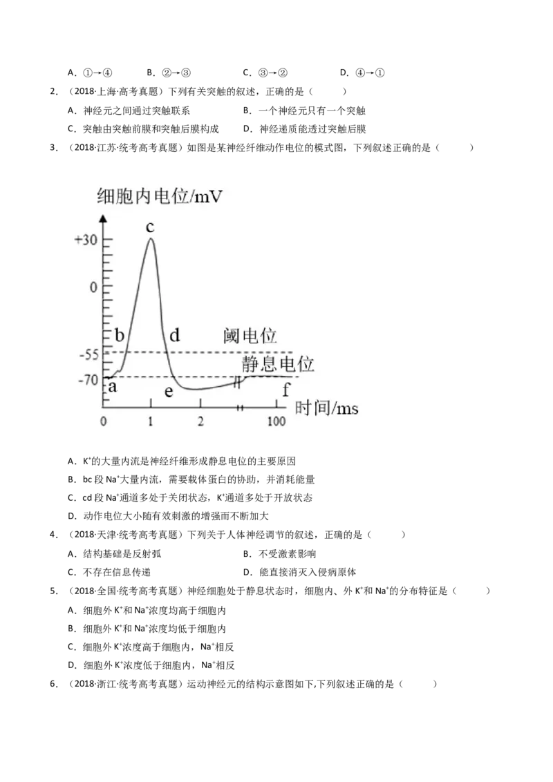 专题17神经调节（原卷卷）_近10年高考真题汇编（必刷）_十年（2014-2024）高考生物真题分项汇编（全国通用）_十年（2014-2023）高考生物真题分项汇编（全国通用）