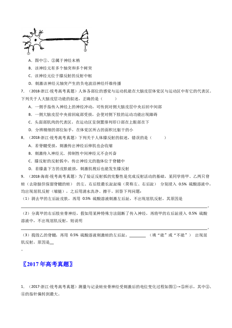 专题17神经调节（原卷卷）_近10年高考真题汇编（必刷）_十年（2014-2024）高考生物真题分项汇编（全国通用）_十年（2014-2023）高考生物真题分项汇编（全国通用）
