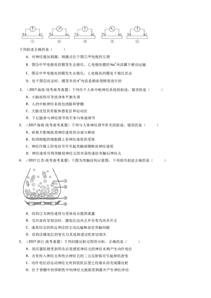 专题17神经调节（原卷卷）_近10年高考真题汇编（必刷）_十年（2014-2024）高考生物真题分项汇编（全国通用）_十年（2014-2023）高考生物真题分项汇编（全国通用）