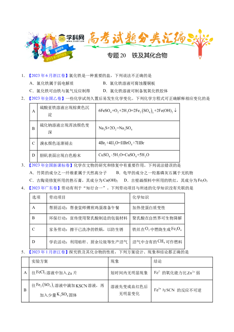 专题20铁及其化合物（原卷卷）_近10年高考真题汇编（必刷）_十年（2014-2024）高考化学真题分项汇编（全国通用）_十年（2014-2023）高考化学真题分项汇编（全国通用）