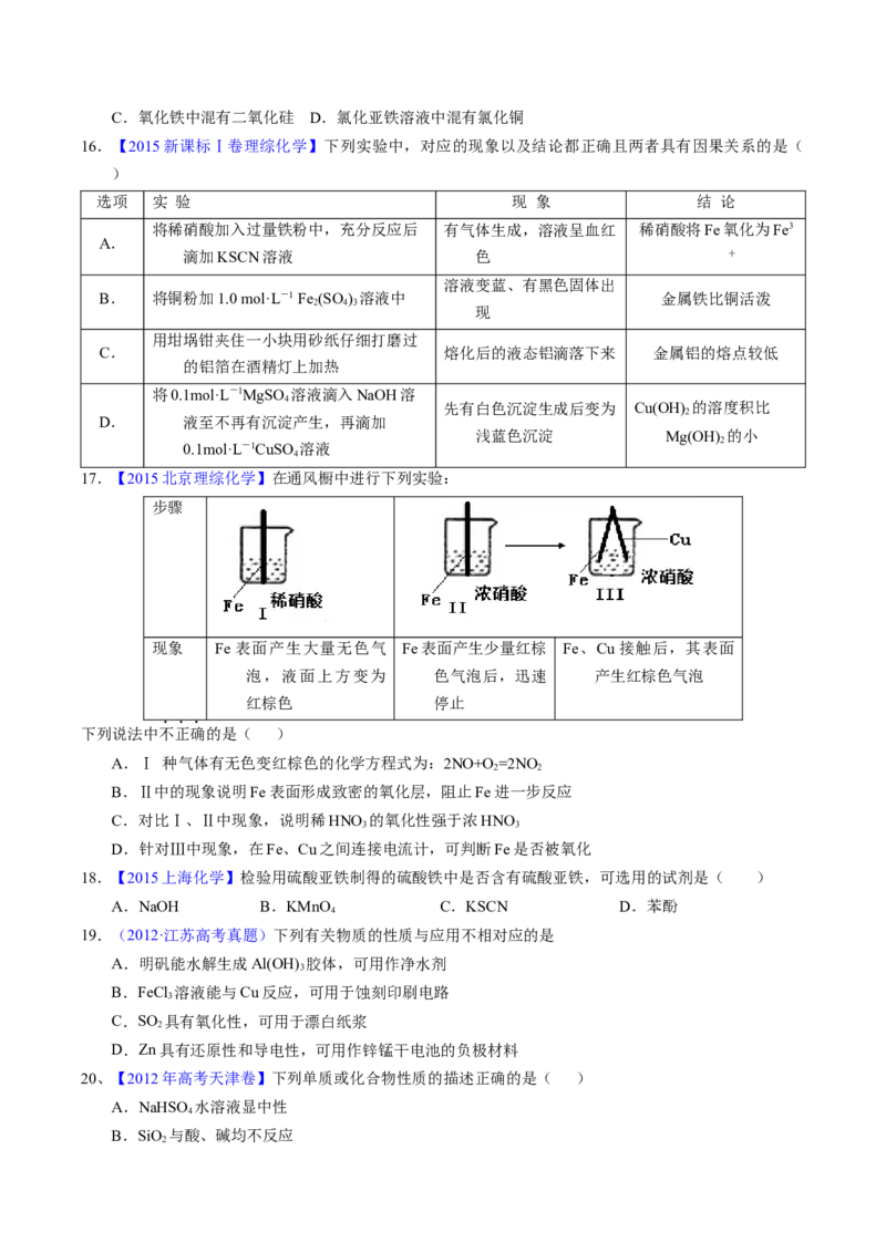 专题20铁及其化合物（原卷卷）_近10年高考真题汇编（必刷）_十年（2014-2024）高考化学真题分项汇编（全国通用）_十年（2014-2023）高考化学真题分项汇编（全国通用）