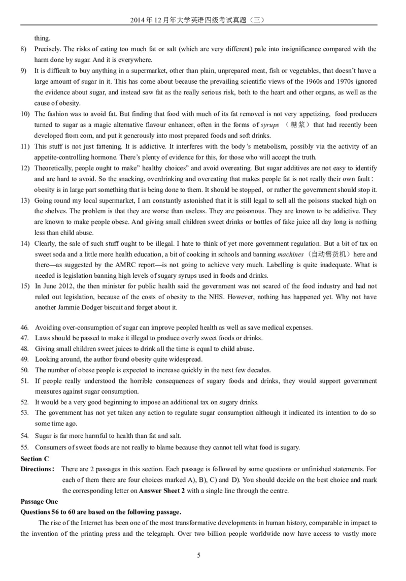 2014年12月年大学英语四级考试真题（三）_英语四六级整合_英语四六级真题版本二此版为主此文件夹会持续更新_四级真题_1.四级真题+答案解析+听力音频(1989-2025)_2014年_2014年12月CET4