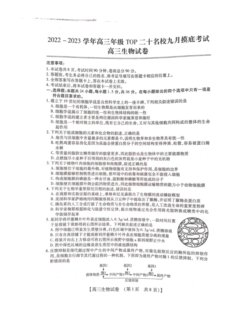 2022-2023学年高三年级TOP二十名校九月摸底考试生物_2023年8月_01每日更新_2号_2023届河南省六市TOP二十名校高三上学期9月摸底考试