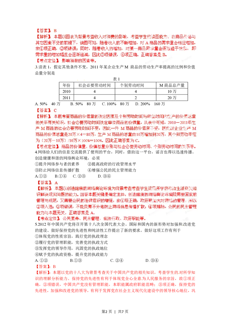 2012年高考政治试卷（安徽）（解析卷）_政治历年高考真题_新&middot;PDF版2008-2025&middot;高考政治真题_政治（按试卷类型分类）2008-2025_自主命题卷&middot;政治（2008-2025）