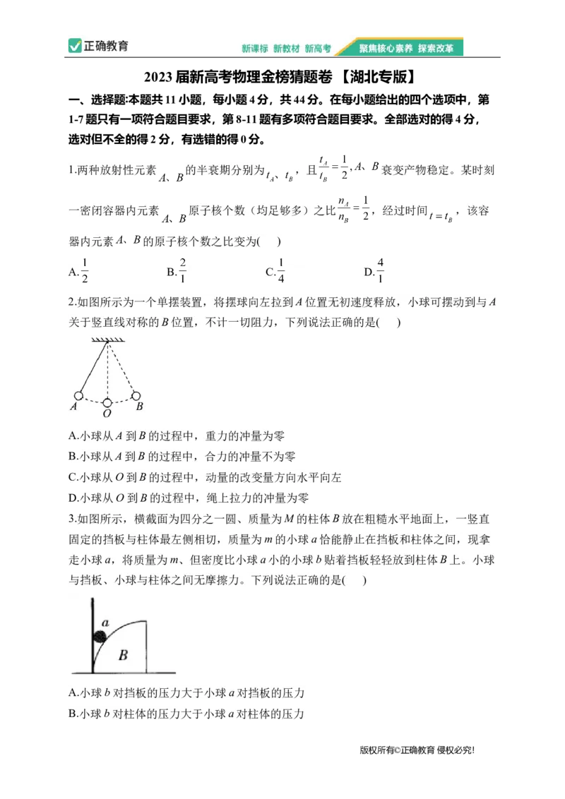 2023届新高考物理金榜猜题卷湖北专版_2023高考押题卷_正确教育金榜猜题卷_（新高考）正确教育丨金榜猜题卷_新高考物理