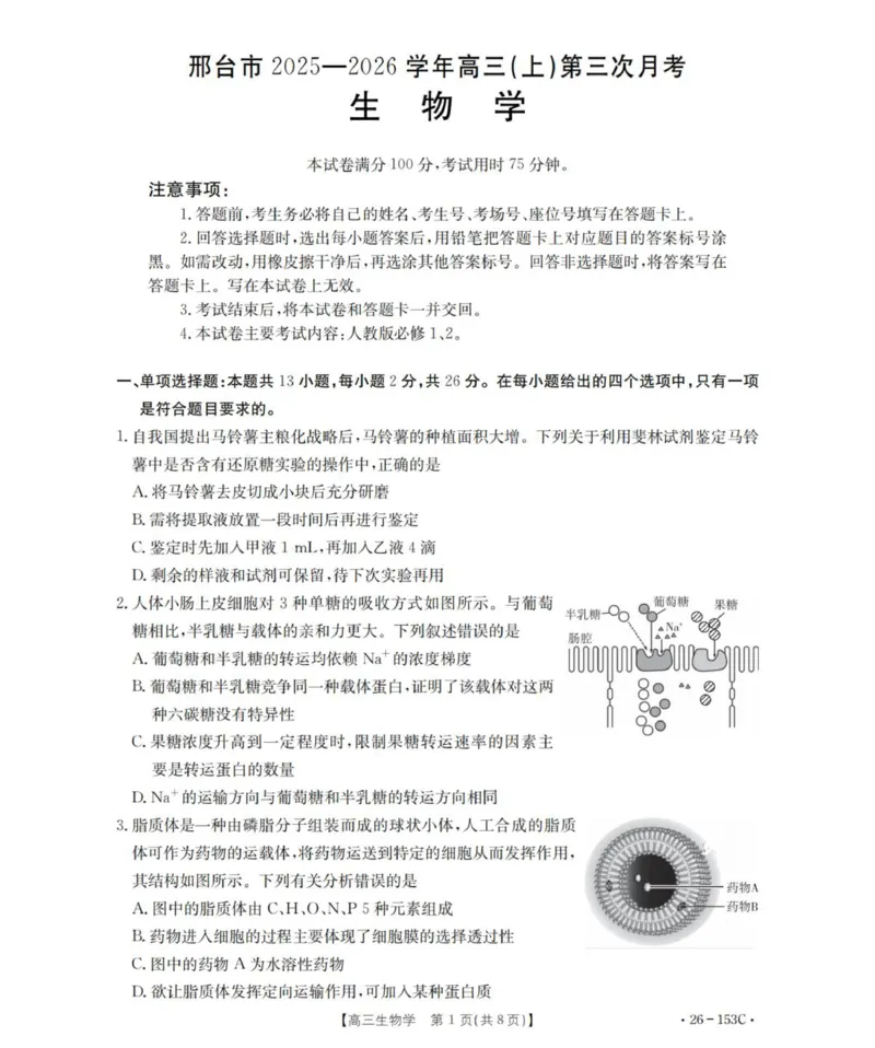 生物学_扫描版(1)_2026年1月_260103河北省邢台市2025-2026学年高三上学期第三次月考（全科）_河北省邢台市2025-2026学年高三上学期第三次月考生物试题（含答案）