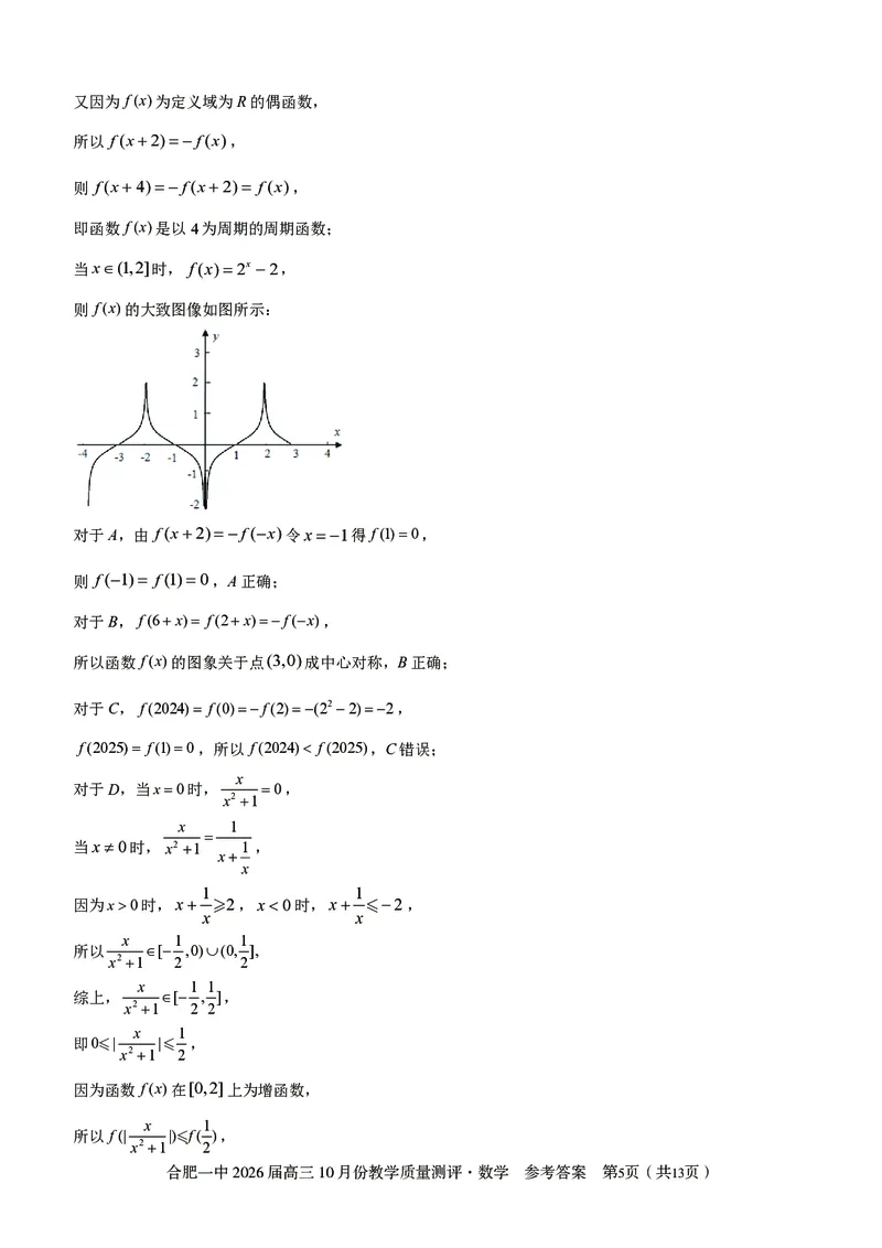 高三10月份教学质量测评数学参考答案_2025年10月_251028超清原版：安徽省合肥一中2026届高三10月份教学质量测评（全科）