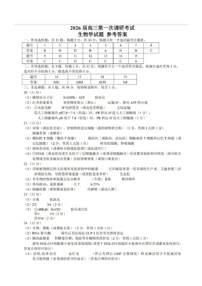 2026届苏北四市（徐州、淮安、连云港、宿迁）一模生物卷+答案(1)_2026年1月_260130江苏省2026届苏北四市（徐州、淮安、连云港、宿迁）一模（全科）