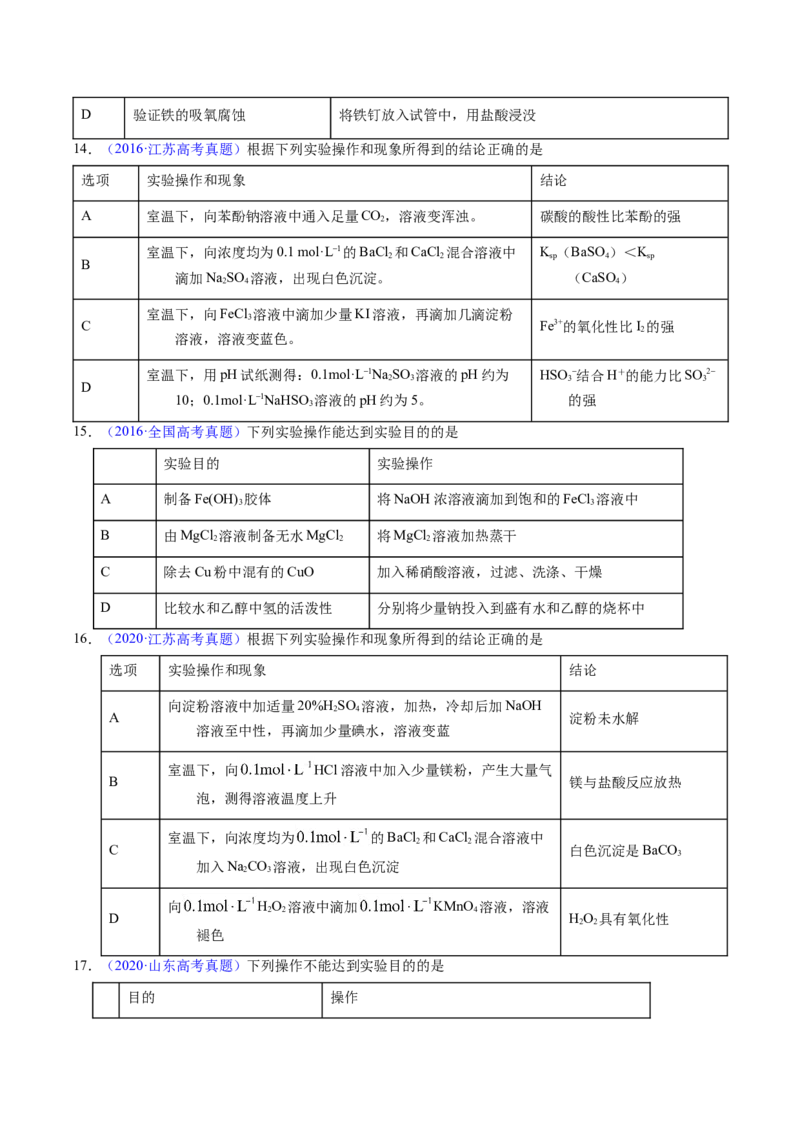 专题82实验操作与目的一致性（原卷卷）_近10年高考真题汇编（必刷）_十年（2014-2024）高考化学真题分项汇编（全国通用）_十年（2014-2023）高考化学真题分项汇编（全国通用）