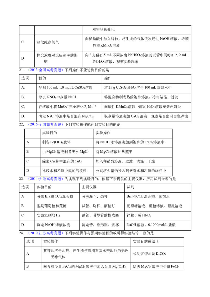 专题82实验操作与目的一致性（原卷卷）_近10年高考真题汇编（必刷）_十年（2014-2024）高考化学真题分项汇编（全国通用）_十年（2014-2023）高考化学真题分项汇编（全国通用）