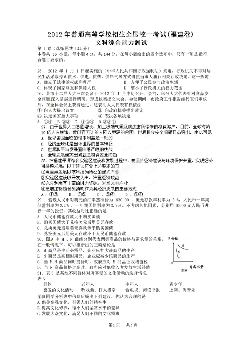 2012年高考政治试卷（福建）（空白卷）_政治历年高考真题_新&middot;PDF版2008-2025&middot;高考政治真题_政治（按试卷类型分类）2008-2025_自主命题卷&middot;政治（2008-2025）