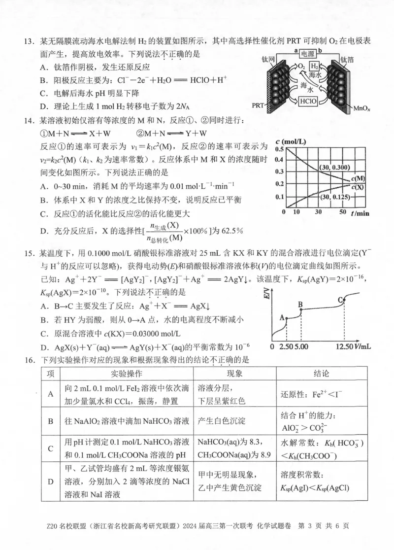 2024届Z20名校联盟（浙江省名校新高考研究联盟）高三第一次联考化学(1)_2023年8月_028月合集_2024届浙江省名校新高考研究联盟（Z20名校联盟）高三第一次联考
