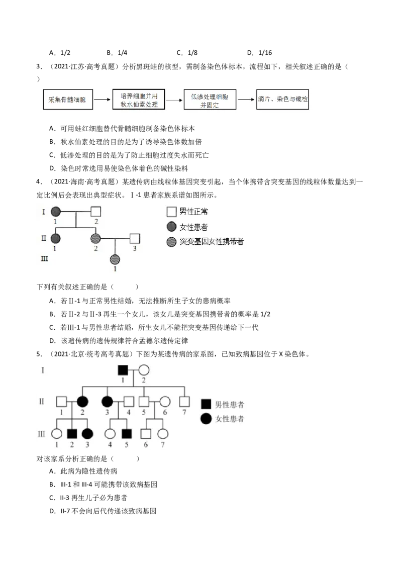 专题13伴性遗传和人类遗传病（原卷卷）_近10年高考真题汇编（必刷）_十年（2014-2024）高考生物真题分项汇编（全国通用）_十年（2014-2023）高考生物真题分项汇编（全国通用）