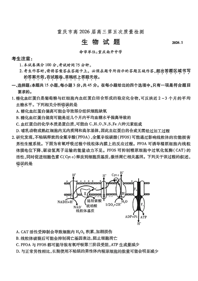 生物南开中学2026届高三第五次质量检测试卷(1)_2026年1月_260105重庆市南开中学2026届高三第五次质量检测（全科）