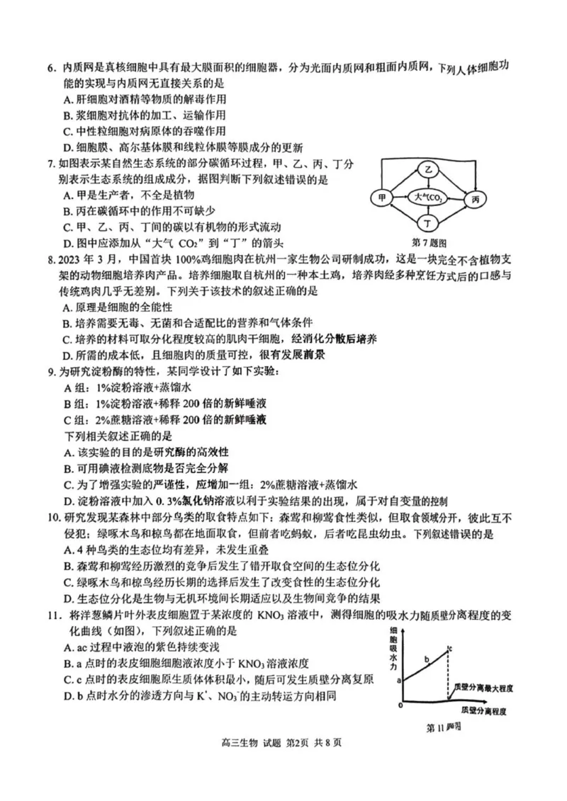 七彩阳光高三上(开学考)-生物试题+答案(1)_2023年9月_029月合集_2024届浙江省七彩阳光高三上学期返校联考