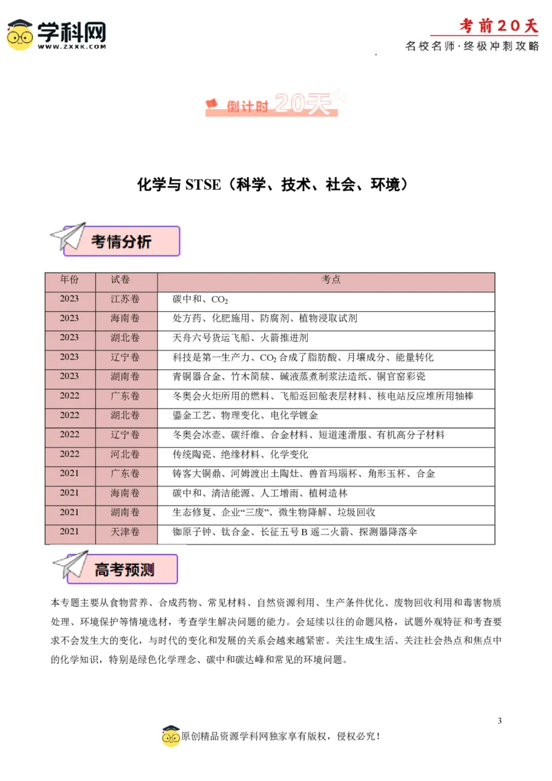 化学（一）-2024年高考考前20天终极冲刺攻略_2024高考押题卷_62024学科网全系列_21学科网高考考前终极攻略_化学-2024年高考考前20天终极冲刺攻略