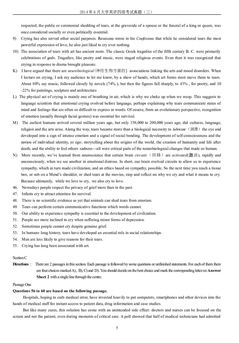 2014年6月年大学英语四级考试真题（三）._英语四六级整合_英语四六级真题版本二此版为主此文件夹会持续更新_四级真题_1.四级真题+答案解析+听力音频(1989-2025)_2014年_2014年06月CET4