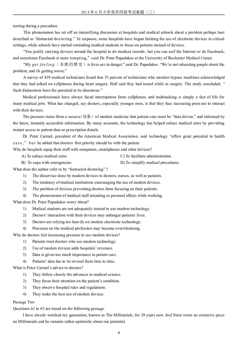 2014年6月年大学英语四级考试真题（三）._英语四六级整合_英语四六级真题版本二此版为主此文件夹会持续更新_四级真题_1.四级真题+答案解析+听力音频(1989-2025)_2014年_2014年06月CET4