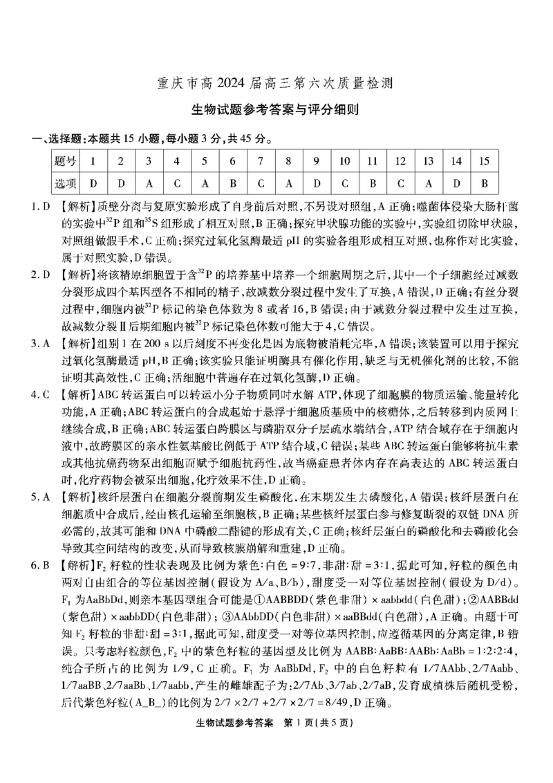 1_南开第六次联考-生物答案_2024年2月_01每日更新_21号_2024届重庆市南开中学高三第六次质量检测_重庆市南开中学高2024届高三第六次质量检测生物