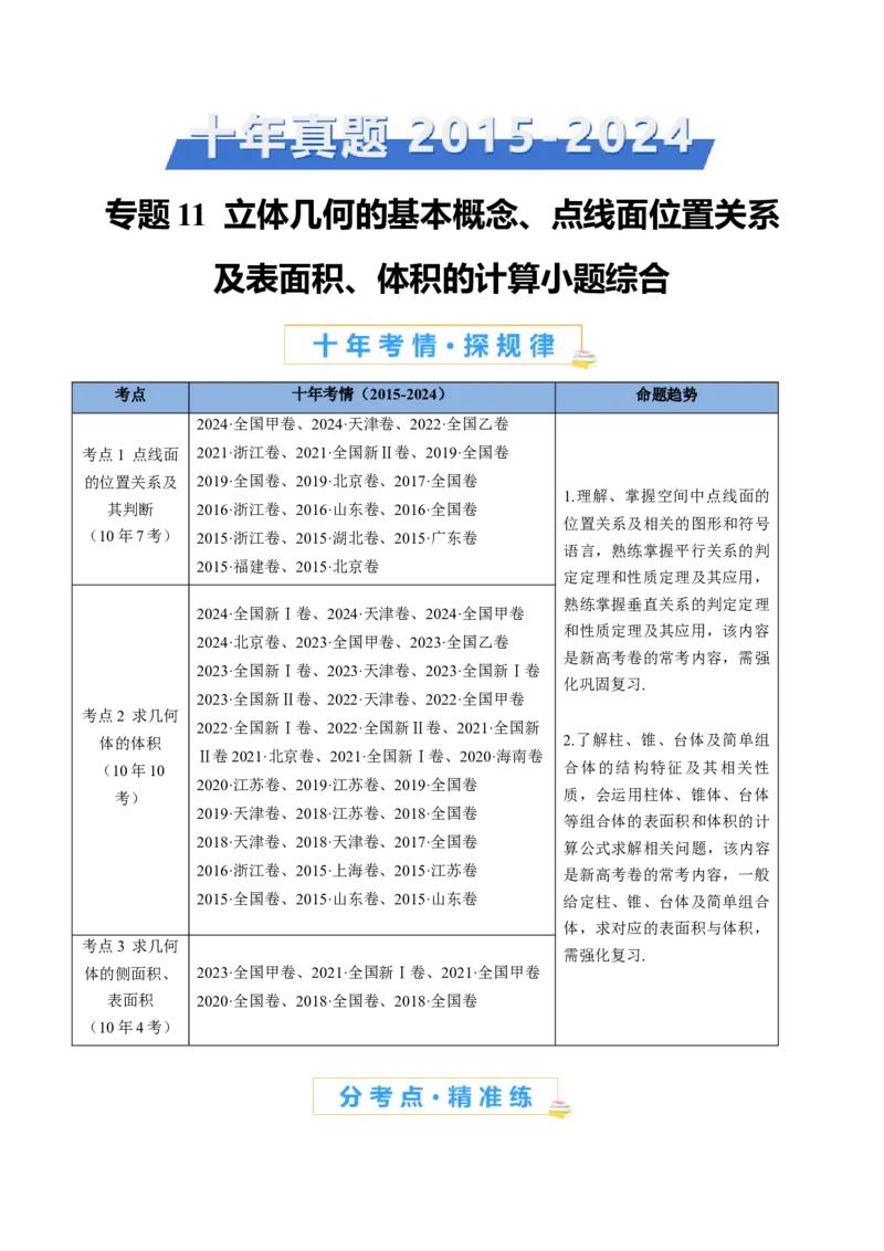 专题11立体几何的基本概念、点线面位置关系及表面积、体积的计算小题综合（学生卷）-十年（2015-2024）高考真题数学分项汇编（全国通用）_近10年高考真题汇编（必刷）
