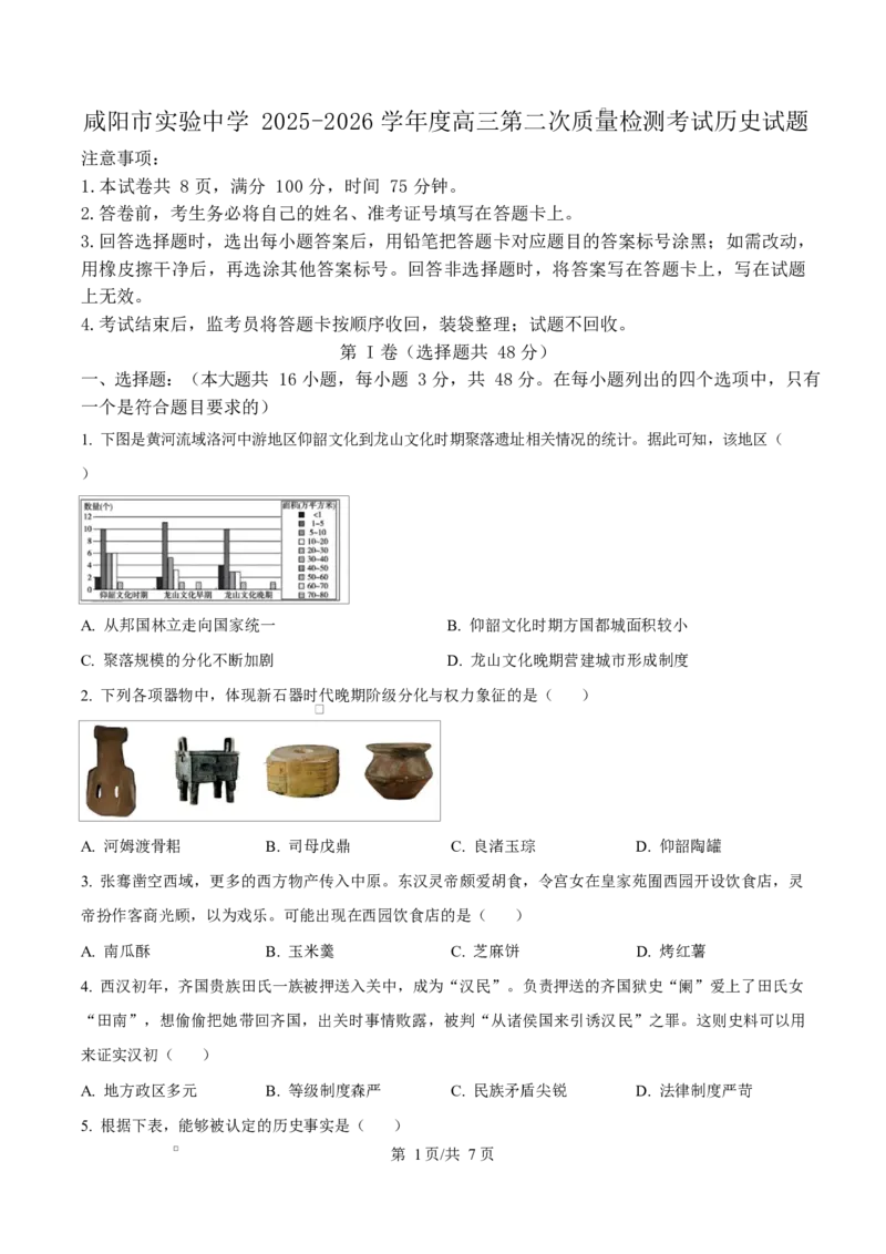陕西省咸阳市实验中学2026届高三上学期第二次质量检测+历史_2025年10月_12026年试卷教辅资源等多个文件_251019陕西省咸阳市实验中学2026届高三上学期第二次质量检测（全科）