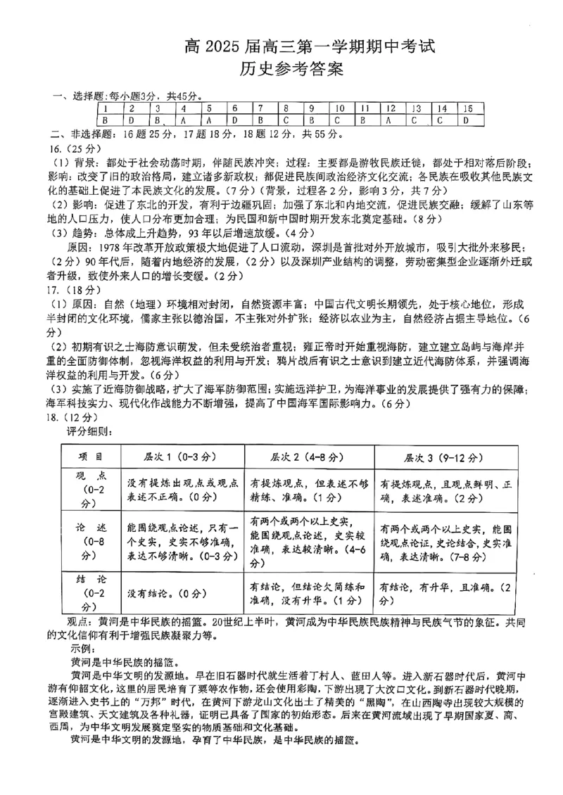 重庆主城五区高三期中历史答案_11月_241102重庆主城五区2025届高三期中考试