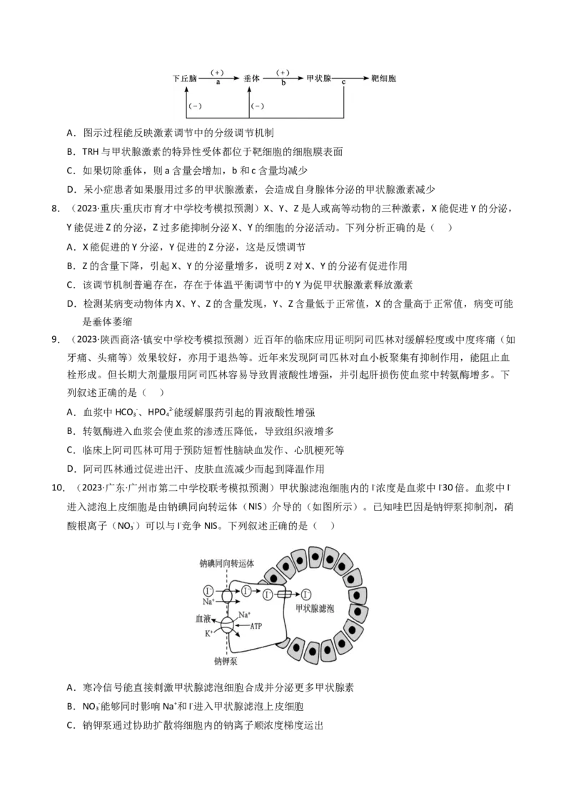 专题13体液调节（学生卷）_近10年高考真题汇编（必刷）_十年（2014-2024）高考生物真题分项汇编（全国通用）_2023年高考真题和模拟题生物分项汇编（全国通用）