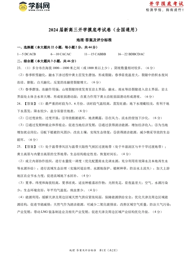 地理-2024届新高三开学摸底考试卷（全国通用）01（答案及评分标准）_2024届新高三开学摸底考试卷_地理-2024届新高三开学摸底考试卷_地理-2024届新高三开学摸底考试卷（全国通用）_39440845