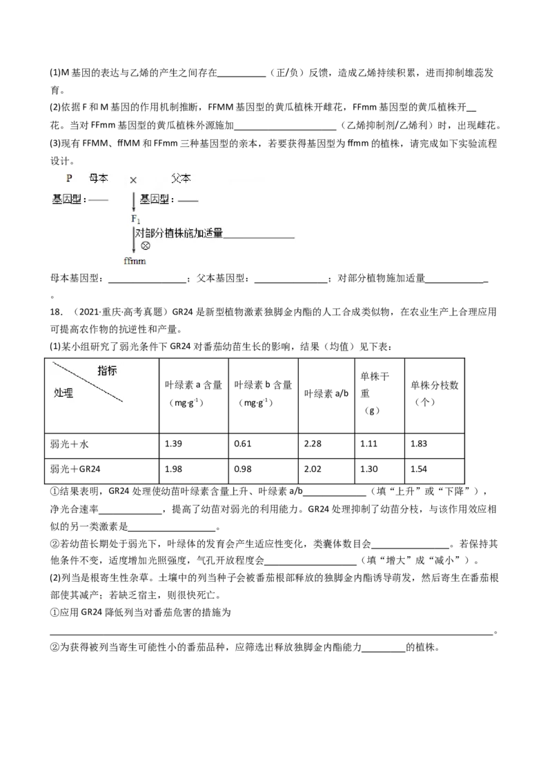 专题15植物的生命活动调节（原卷卷）_近10年高考真题汇编（必刷）_十年（2014-2024）高考生物真题分项汇编（全国通用）_十年（2014-2023）高考生物真题分项汇编（全国通用）