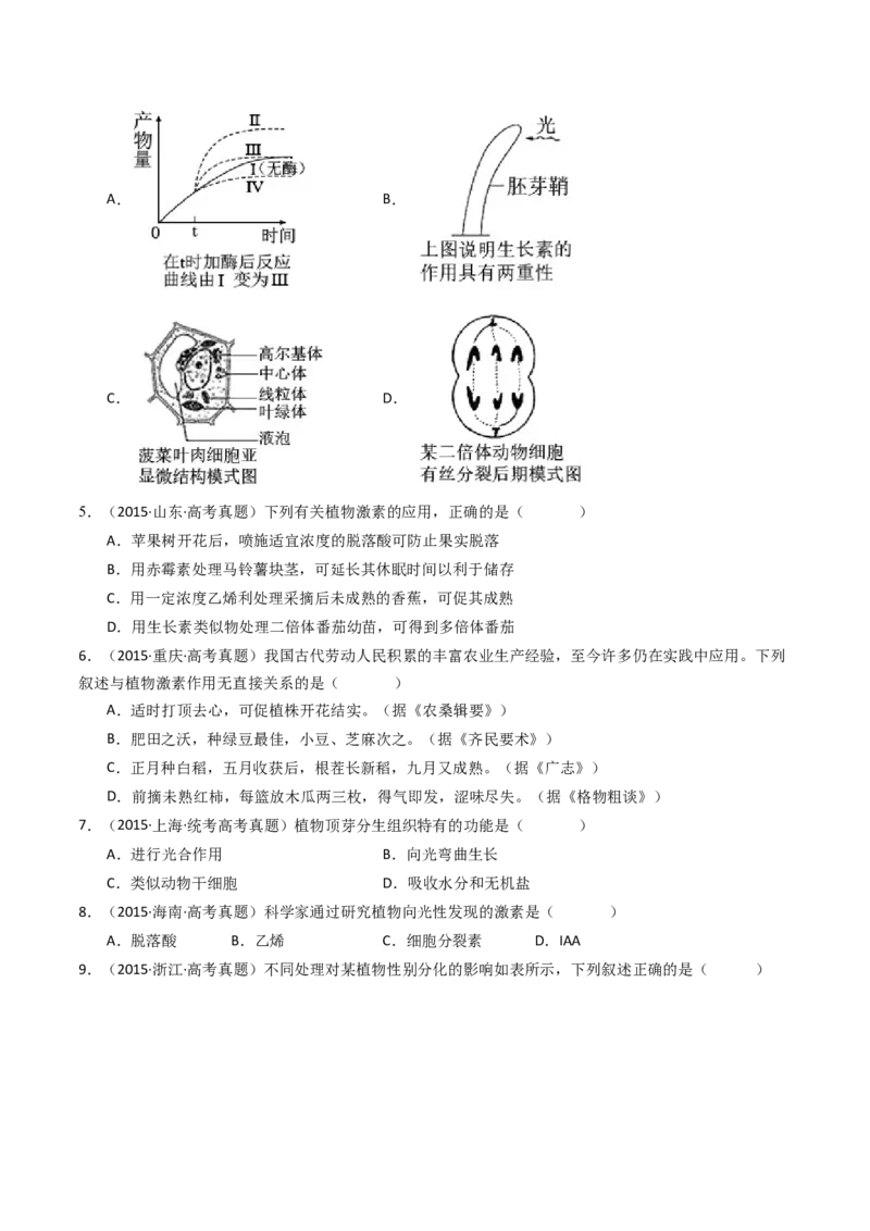 专题15植物的生命活动调节（原卷卷）_近10年高考真题汇编（必刷）_十年（2014-2024）高考生物真题分项汇编（全国通用）_十年（2014-2023）高考生物真题分项汇编（全国通用）
