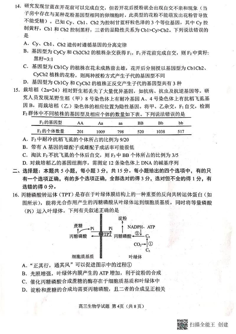2023届山东省日照市高三上学期第一次校际联考生物试题(1)_2023年8月_028月合集_2023届山东省日照市高三上学期第一次校际联考