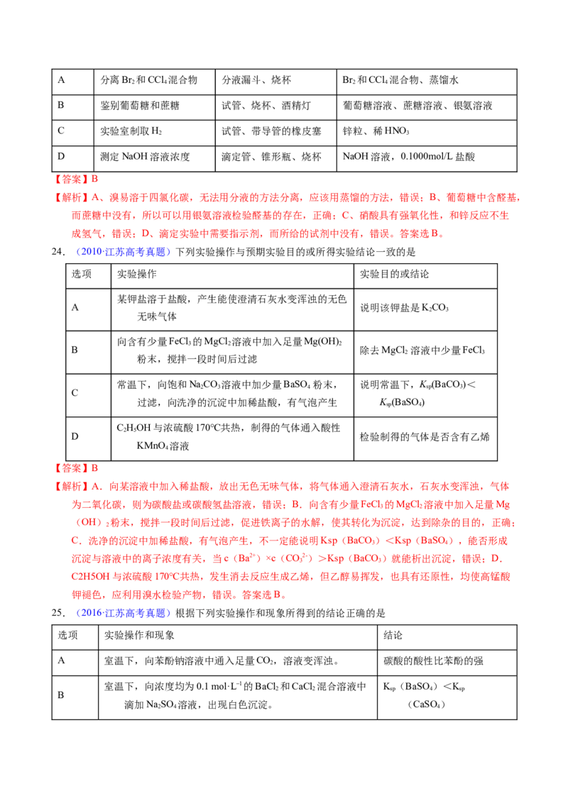 专题82实验操作与目的一致性（解析卷）_近10年高考真题汇编（必刷）_十年（2014-2024）高考化学真题分项汇编（全国通用）_十年（2014-2023）高考化学真题分项汇编（全国通用）