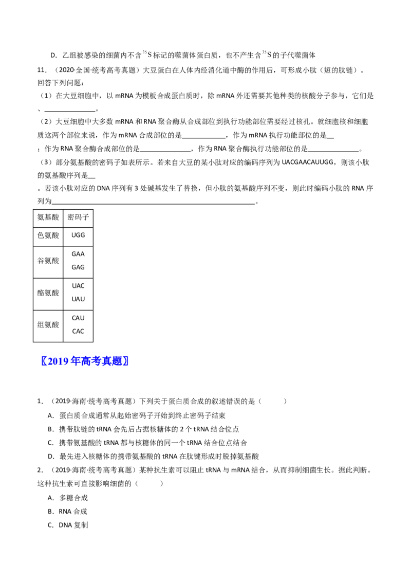 专题10遗传的分子基础（原卷卷）_近10年高考真题汇编（必刷）_十年（2014-2024）高考生物真题分项汇编（全国通用）_十年（2014-2023）高考生物真题分项汇编（全国通用）
