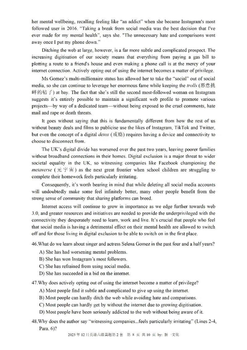 2023.12六级真题第2套可复制可检索，打印首选_英语四六级整合_英语四六级真题版本二此版为主此文件夹会持续更新_六级真题_1.六级真题+答案解析+听力音频_2023年12月CET6